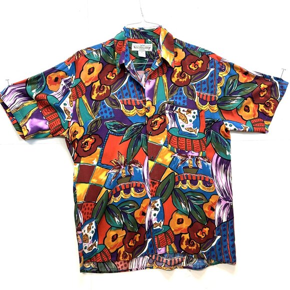 Vintage 80s-90s Natural Issue Rayon Shirt M Tropical Abstract - Picture 2 of 7